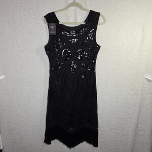 Vijiv M NWT Vintage inpired 1920's black beaded Sequin sparkling‎ dress Gothic